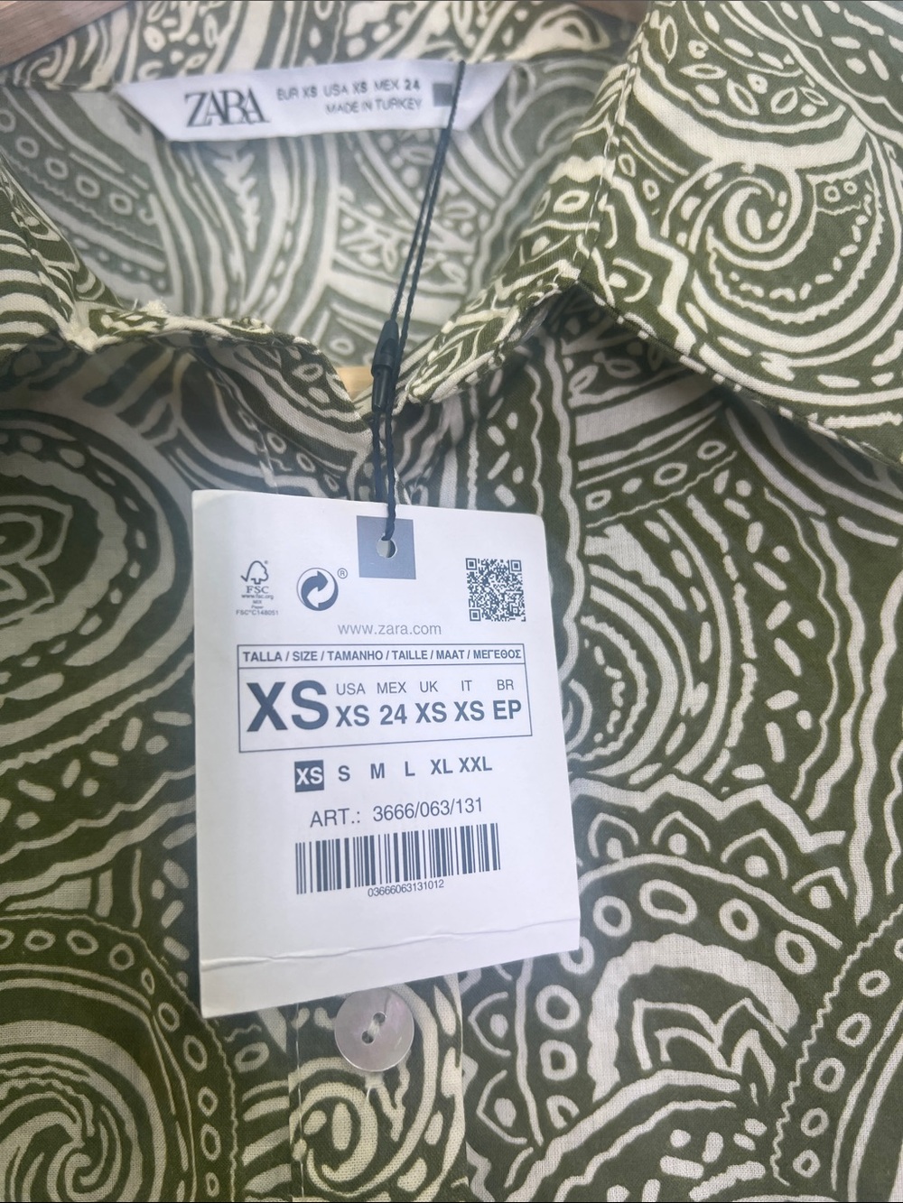 Zara - NWT Green And White Paisley Print Button Front Long Sleeve Mini Dress XS - Picture 9 of 11